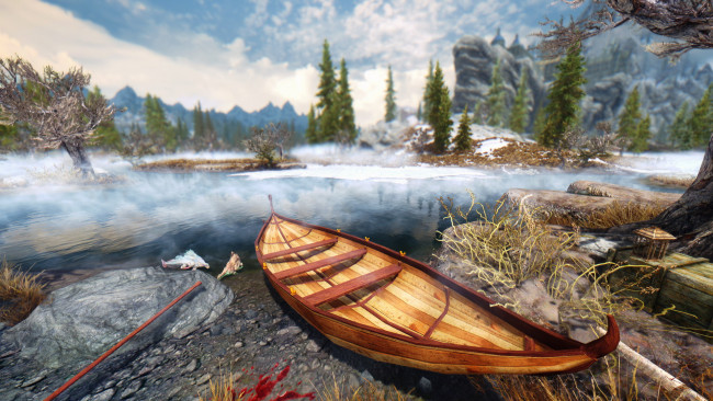 Обои картинки фото видео игры, the elder scrolls v,  skyrim, туман, берег, природа, лодка, река, деревья, камни