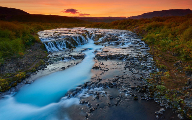 Обои картинки фото природа, реки, озера, холмы, небо, водопад, исландия, река