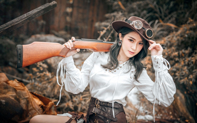 Обои картинки фото девушки, - девушки с оружием, шляпа, очки, ружье, lin, jiayi