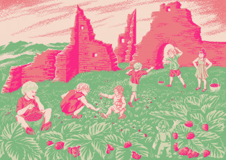 Картинка рисованное дети поляна развалины ягоды