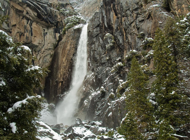 Обои картинки фото природа, водопады, горы, снег
