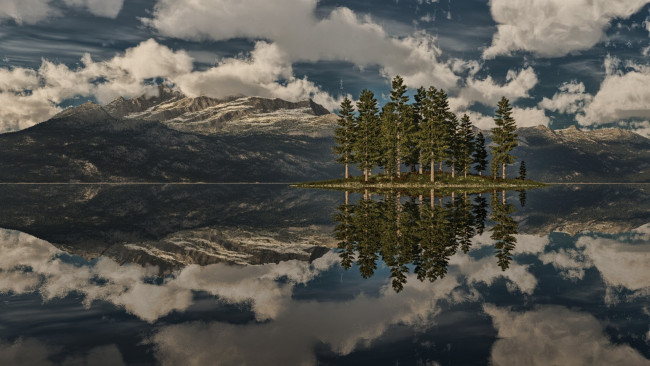 Обои картинки фото природа, реки, озера, озеро, остров, горы, деревья, отражение