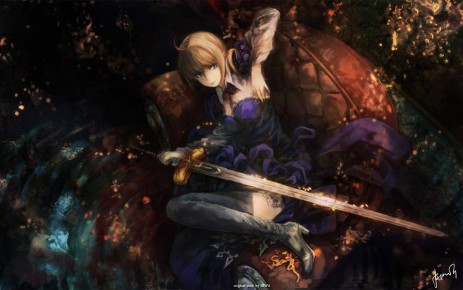 Обои картинки фото аниме, fate, zero, saber, девушка, сапоги, меч