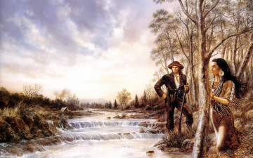 Картинка фэнтези luis royo индианка мужчина река пороги