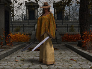 Картинка 3д+графика фантазия+ fantasy шляпа взгляд девушка мечи осень