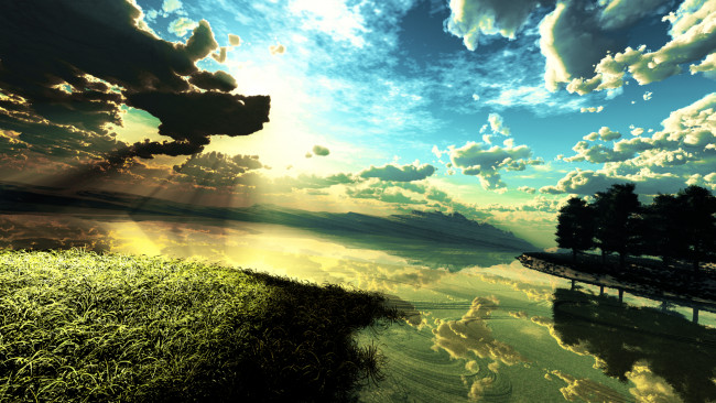 Обои картинки фото 3д графика, природа , nature, лучи, облака, небо, закат