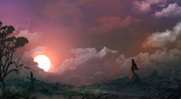 Картинка фэнтези пейзажи скалы закат солнце фигура мужчина дерево шляпа