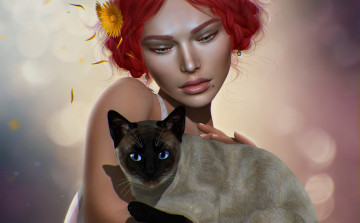 Картинка 3д+графика люди+и+животные+ people+and+animals лицо кот фон волосы