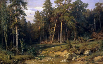 Картинка рисованное живопись пейзаж картина природа мачтовый лес в вятской губернии иван шишкин сосновый бор