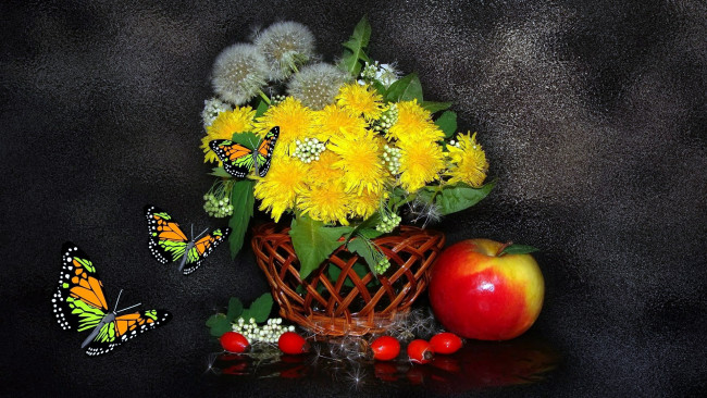 Обои картинки фото еда, натюрморт, бабочки, шиповник, одуванчики, яблоко
