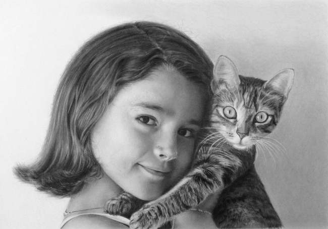 Обои картинки фото рисованное, дети, взгляд, фон, девочка, улыбка, котенок