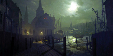 Картинка рисованное города город люди ночь тучи