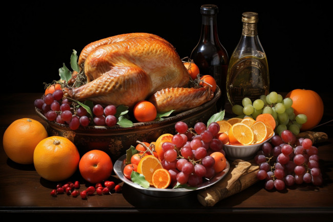 Обои картинки фото еда, разное, запеченная, курица, виноград, цитрусы