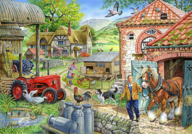 Обои картинки фото рисованные, люди, трактор, ферма, лошадь