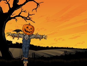 Картинка праздничные хэллоуин ужасы испуг поле дерево ворона тыква чучело