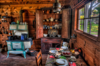 Картинка интерьер кухня посуда плита шкаф деревня
