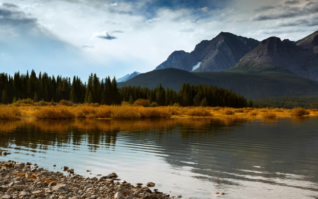 Обои картинки фото природа, реки, озера, осень, горы, лес, деревья, озеро, голубое, небо, облака, канада, альберта
