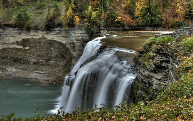 Обои картинки фото природа, водопады, осень, водопад, река