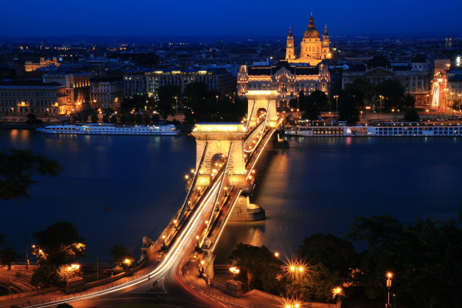 Обои картинки фото города, будапешт, венгрия, ночь, огни, мост, дунай