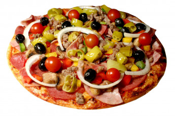 обоя еда, пицца, зелень, помидоры, мясо, колбаса