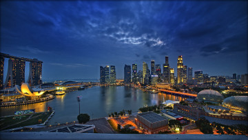 обоя сингапур, города, мост, огни, река, дома, ночь