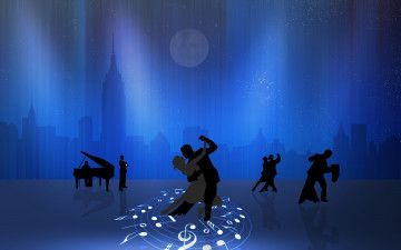 Картинка векторная графика синий фон пианино танцы город вечер