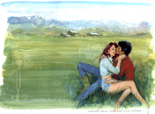 Обои картинки фото рисованные, люди, дома, любовь, женщина, горы, трава, нежность, мужчина, пара