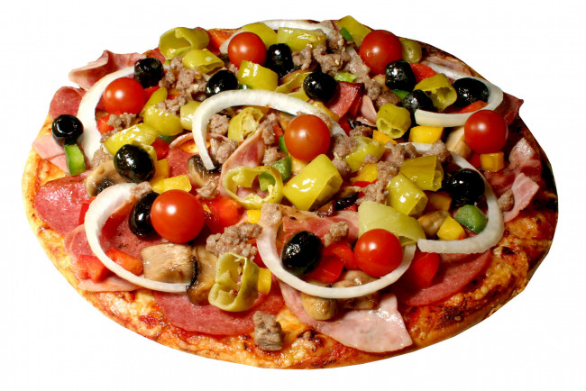 Обои картинки фото еда, пицца, зелень, помидоры, мясо, колбаса