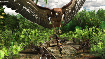 Картинка 3д+графика фантазия+ fantasy орел оружие фон взгляд девушка лес существа