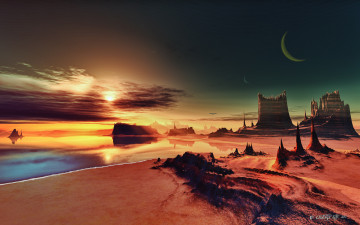 Картинка 3д+графика природа+ nature небо море луна горы пляж закат