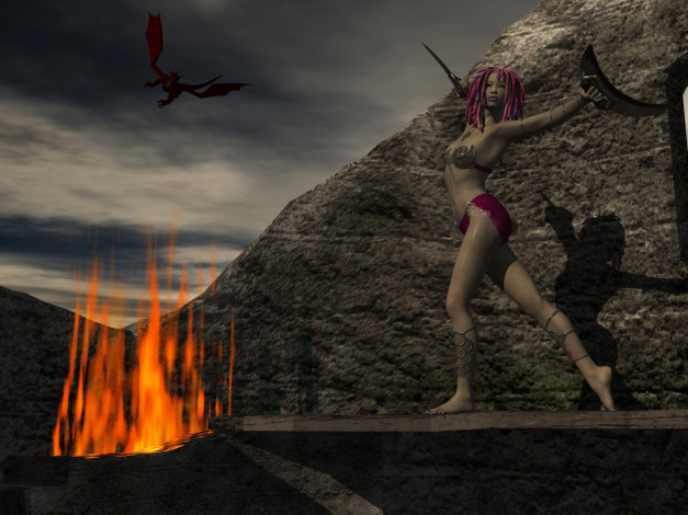 Обои картинки фото 3д графика, фантазия , fantasy, оружие, фон, взгляд, девушка, ночь, огонь
