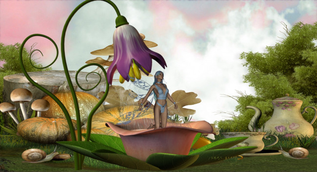 Обои картинки фото 3д графика, эльфы , elves, фея, взгляд, фон, грудь, улитка, цветы, грибы, тыквы