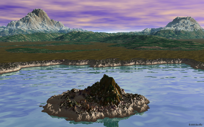 Обои картинки фото 3д графика, природа , nature, небо, горы, остров, озеро