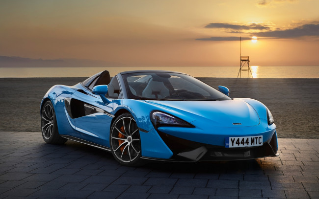 Обои картинки фото автомобили, mclaren, море, закат, 570s, spider, макларен, голубой, набережная