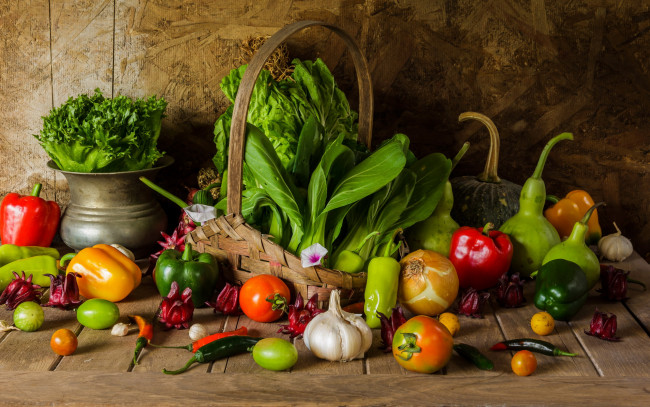 Обои картинки фото еда, овощи, тыква, перец, помидоры, чеснок
