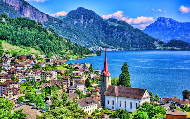Обои картинки фото города, люцерн , швейцария, горы, озеро, панорама