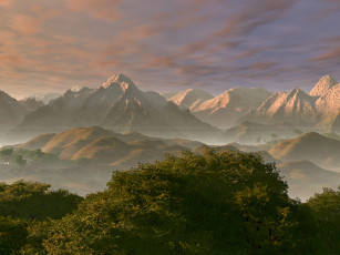 Картинка 3д графика nature landscape природа деревья туман горы