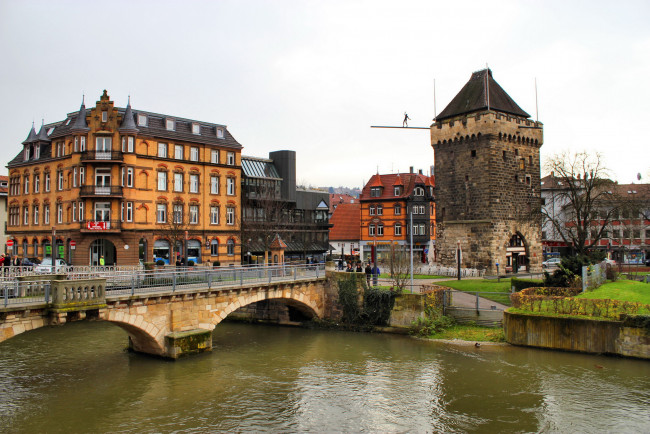 Обои картинки фото бельгия, эсслинген, города, мосты, река, здания, башня