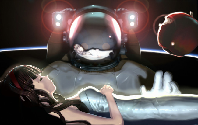 Обои картинки фото аниме, *unknown, другое, невесомость, космос, девушка, космонавт, яблоко