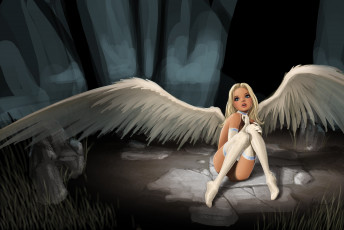 Картинка фэнтези ангелы блондинка сидит взгляд поза ангел белые крылья девушка