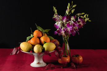 Картинка еда фрукты ягоды апельсины лимоны хурма орхидеи