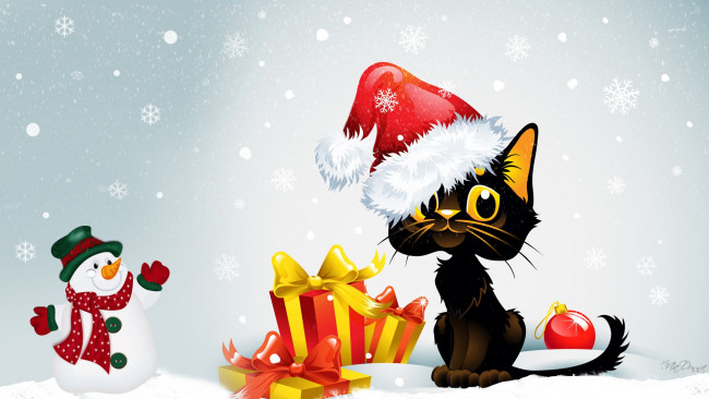 Обои картинки фото праздничные, векторная, графика, новый, год, снежинки, подарки, снеговик, кот