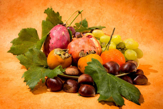 Обои картинки фото еда, фрукты, ягоды, опунция, гранат, хурма, каштаны