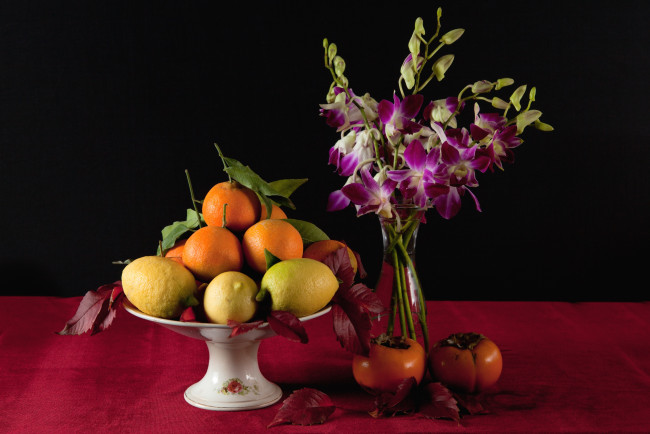 Обои картинки фото еда, фрукты, ягоды, апельсины, лимоны, хурма, орхидеи