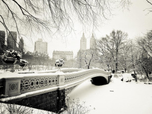 обоя города, нью-йорк , сша, клумбы, деревья, мост, здания, дома, парк, снег, город, зима