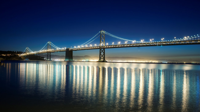 Обои картинки фото города, - мосты, ночь, огни, штиль, мост, отражение, река