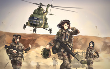 Картинка аниме оружие +техника +технологии вертолет девушки фон взгляд