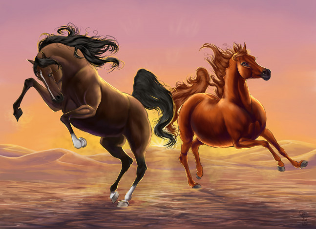 Обои картинки фото рисованное, животные,  лошади, фон, гривы, лошади