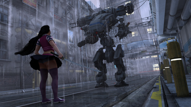 Обои картинки фото 3д графика, фантазия , fantasy, взгляд, фон, робот, улица, город, оружие, девушка