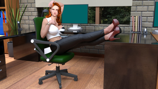 Обои картинки фото 3д графика, люди , people, офис, стул, стол, фон, взгляд, девушка